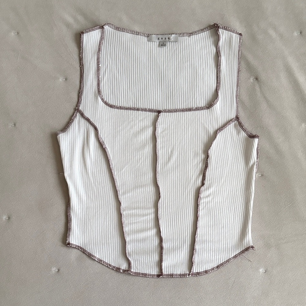 Gaze White Ribbed Tank Top with Brown Trim